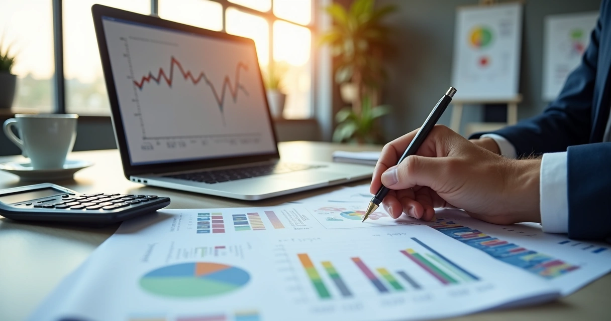 Gestor de empresa analisando gráficos financeiros e planilhas em mesa de escritório 