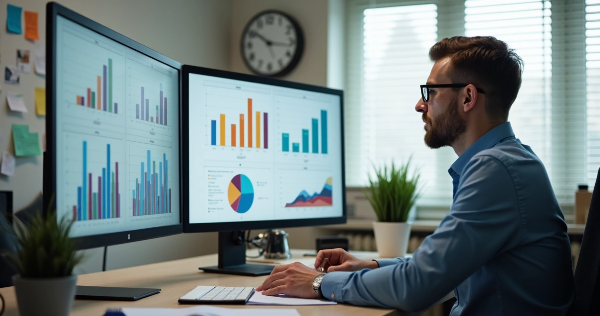 Gestor empresarial analisando dados no computador, com gráficos coloridos na tela 