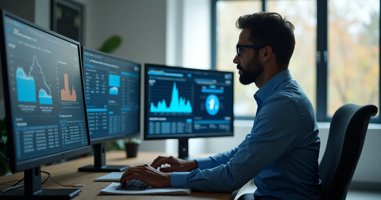 Gestor de condomínio analisando dados em tela de backup automático 