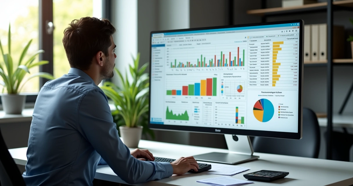 Gestor olhando para tela de computador com gráficos e dados tributários da EFD-Contribuições 
