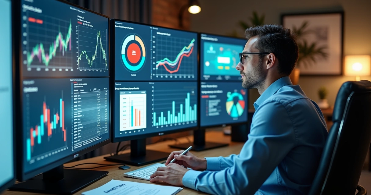 Gestor observa telas de computador com gráficos e tabelas fiscais 