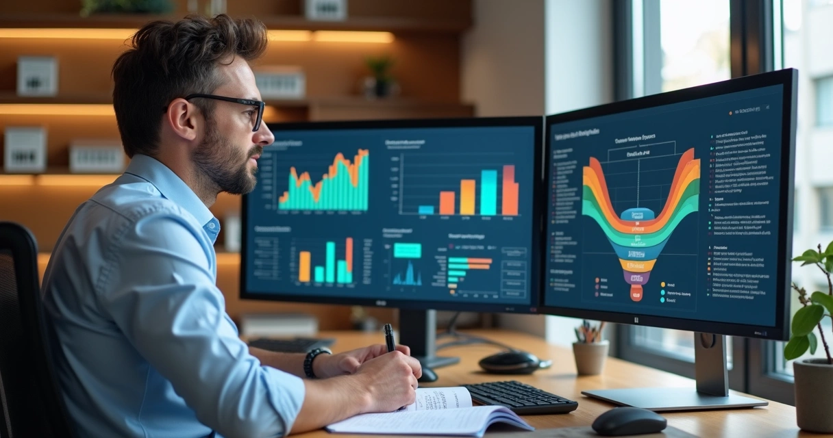 Gestor de imobiliária analisa gráficos detalhados em duas telas