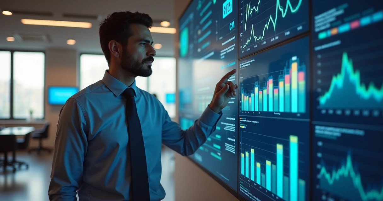 Gestor analisando tela com dados de integrações digitais em escritório moderno 