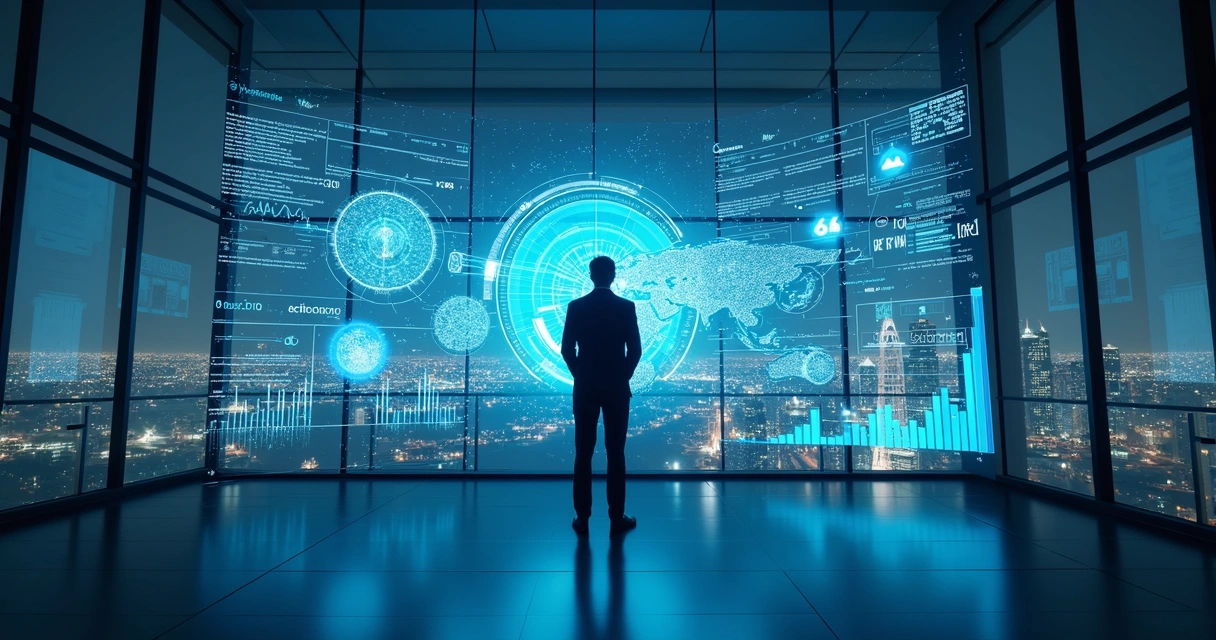 Gestor analisando gráficos digitais em tela transparente 