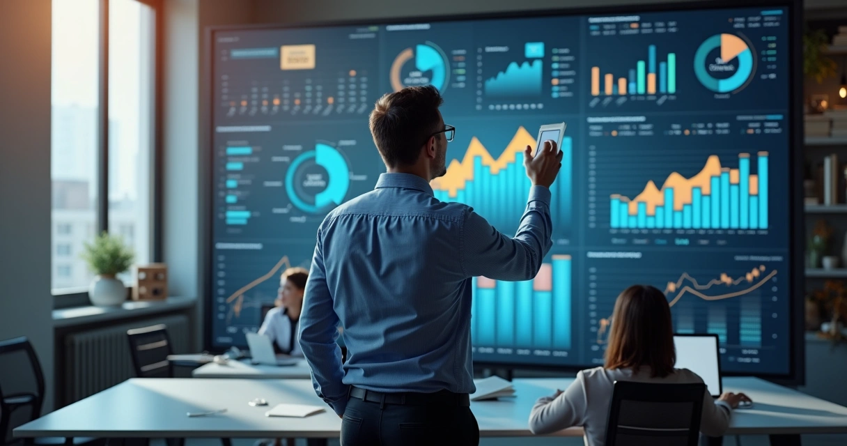 Gestor imobiliário analisando gráficos de vendas em tela 