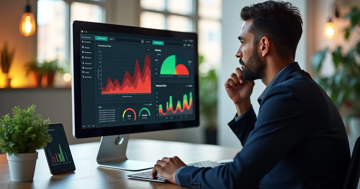 Gestor em escritório moderno analisando dashboard digital com gráficos e indicadores de cardápio no computador 