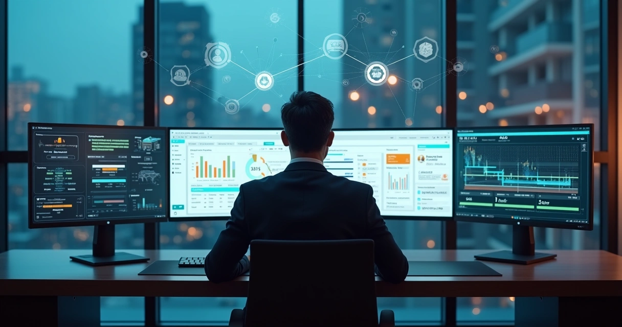 Gestor analisando painel de ERP personalizado em múltiplas telas 
