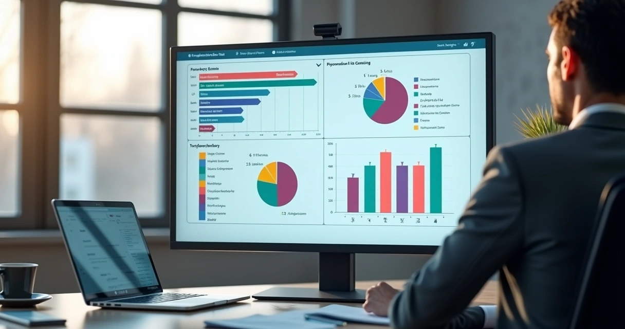 Gestor observando dashboard visual com indicadores de riscos psicossociais no ambiente de trabalho, tela com gráficos coloridos e dados organizados
