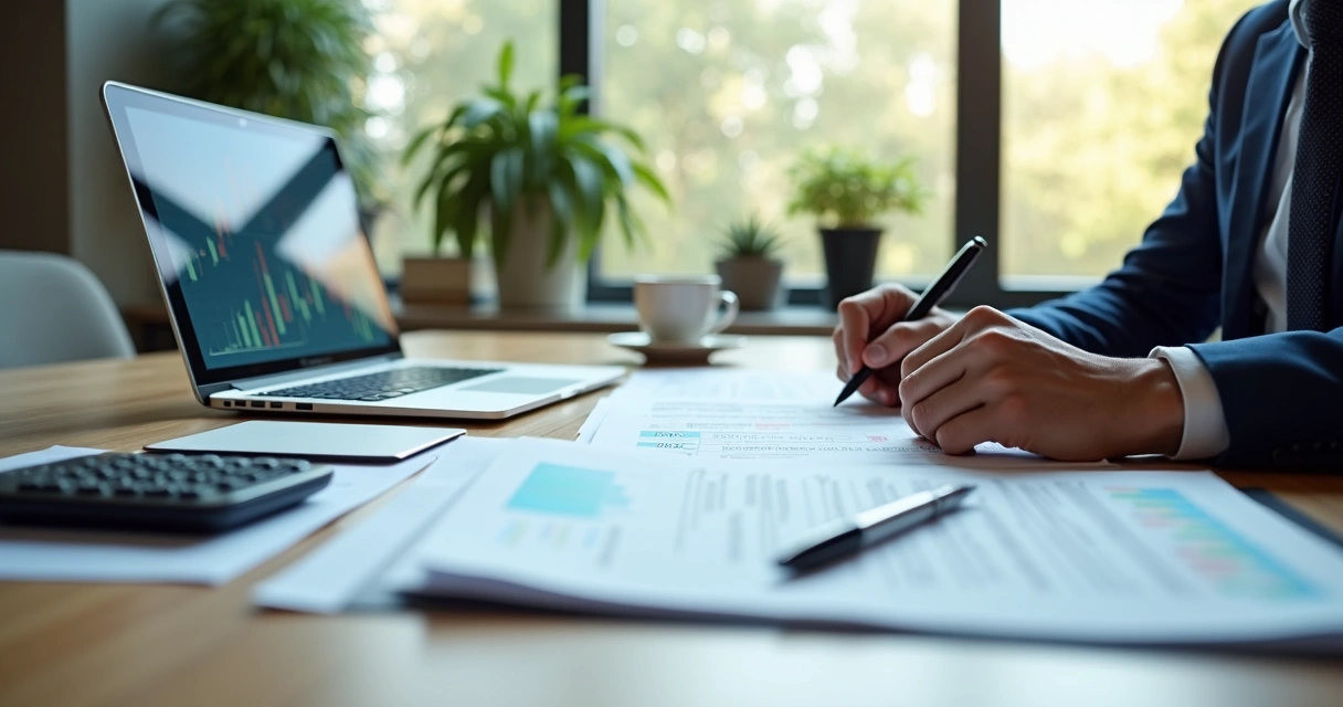 Gestor revisando documentos tributários com calculadora e computador em escritório moderno 