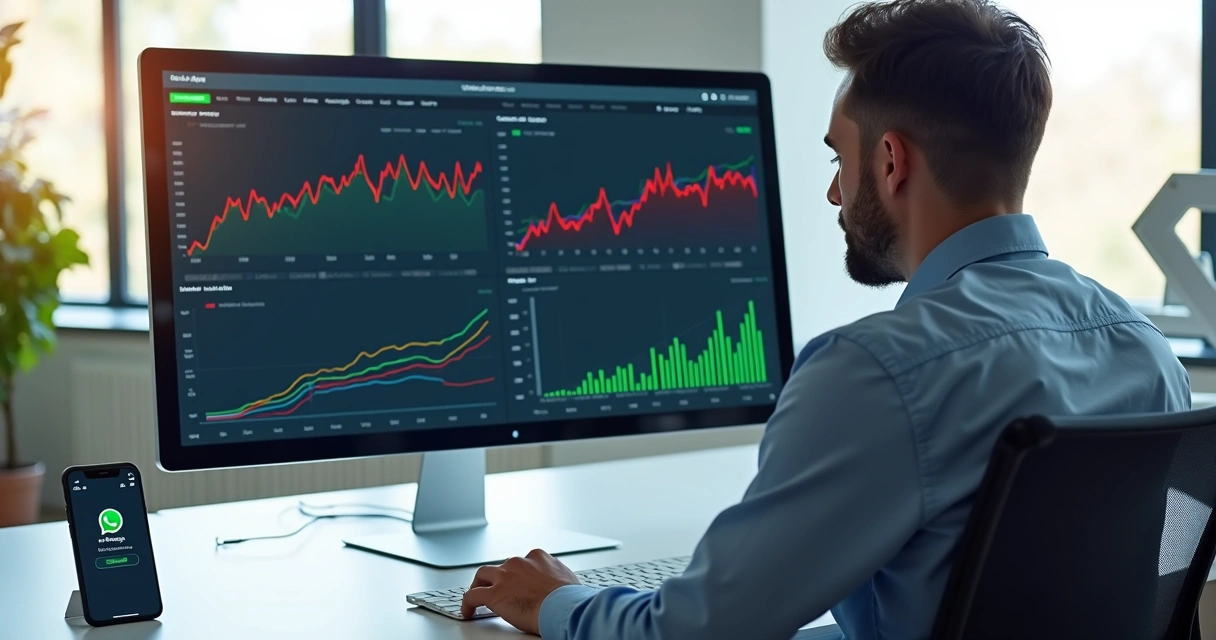 Gestor analisando gráficos financeiros e fluxo de caixa em tela de computador moderno 