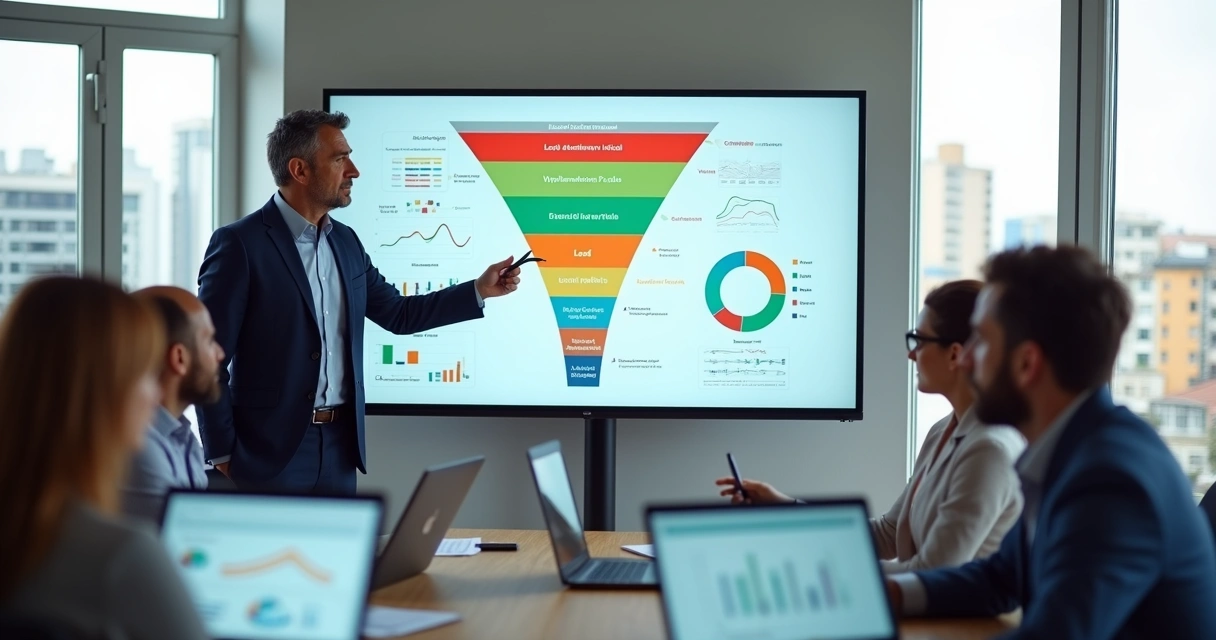 Gestor de imobiliária analisando funil de vendas com gargalos em destaque 
