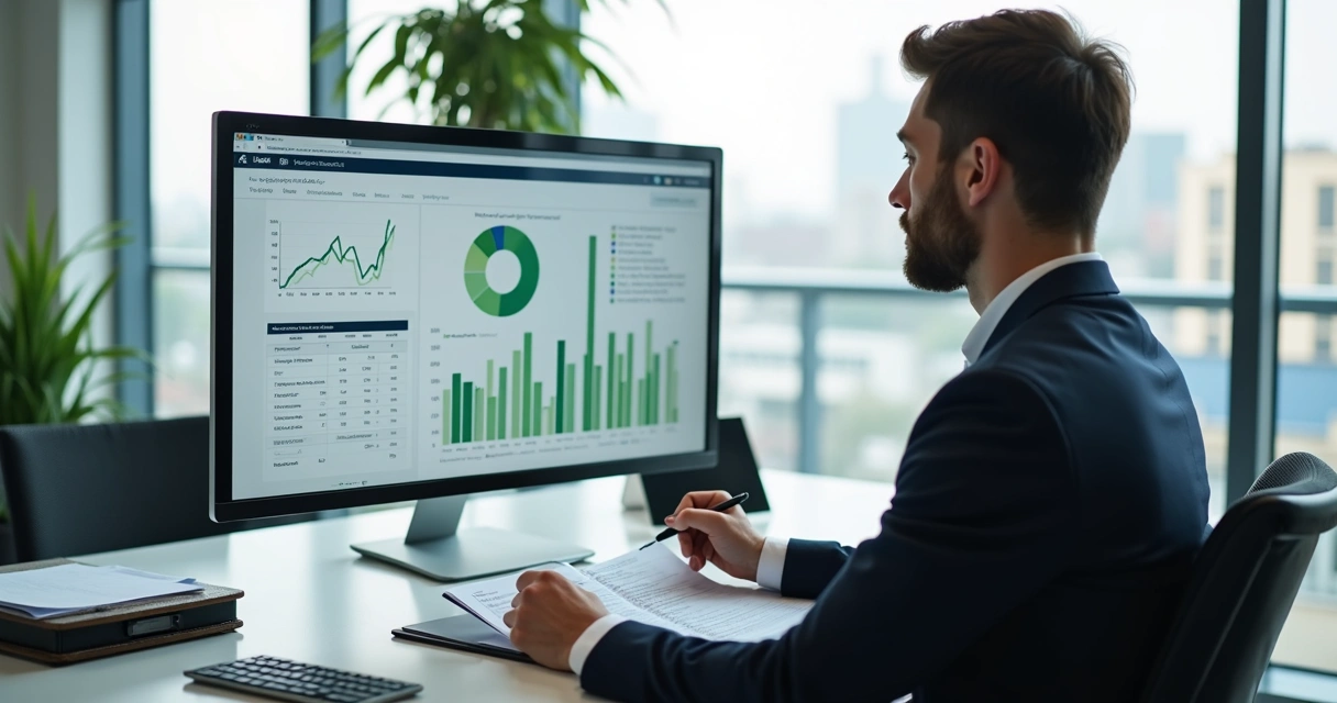 Gestor analisando indicadores financeiros em escritório moderno 
