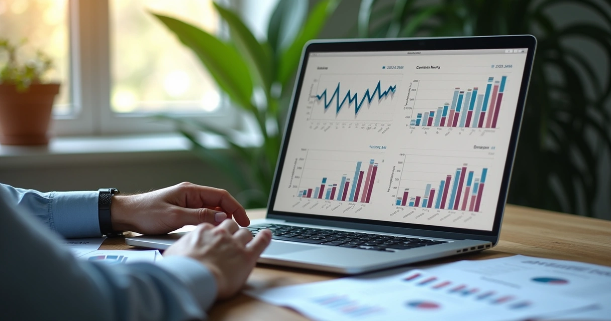 Gestor analisando indicadores financeiros no notebook 