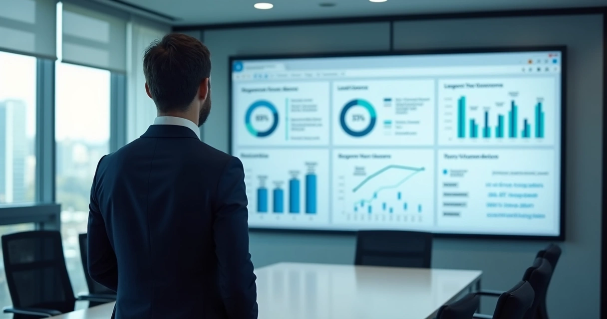 Gestor analisando indicadores automáticos em ambiente corporativo 