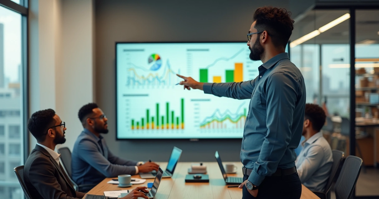 Gestor de PME analisando gráficos de margem de lucro e eficiência operacional em tela grande 
