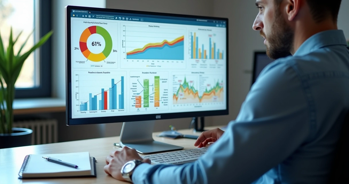 Pessoa analisando gráficos e indicadores de processos em tela de computador, ambiente corporativo moderno 