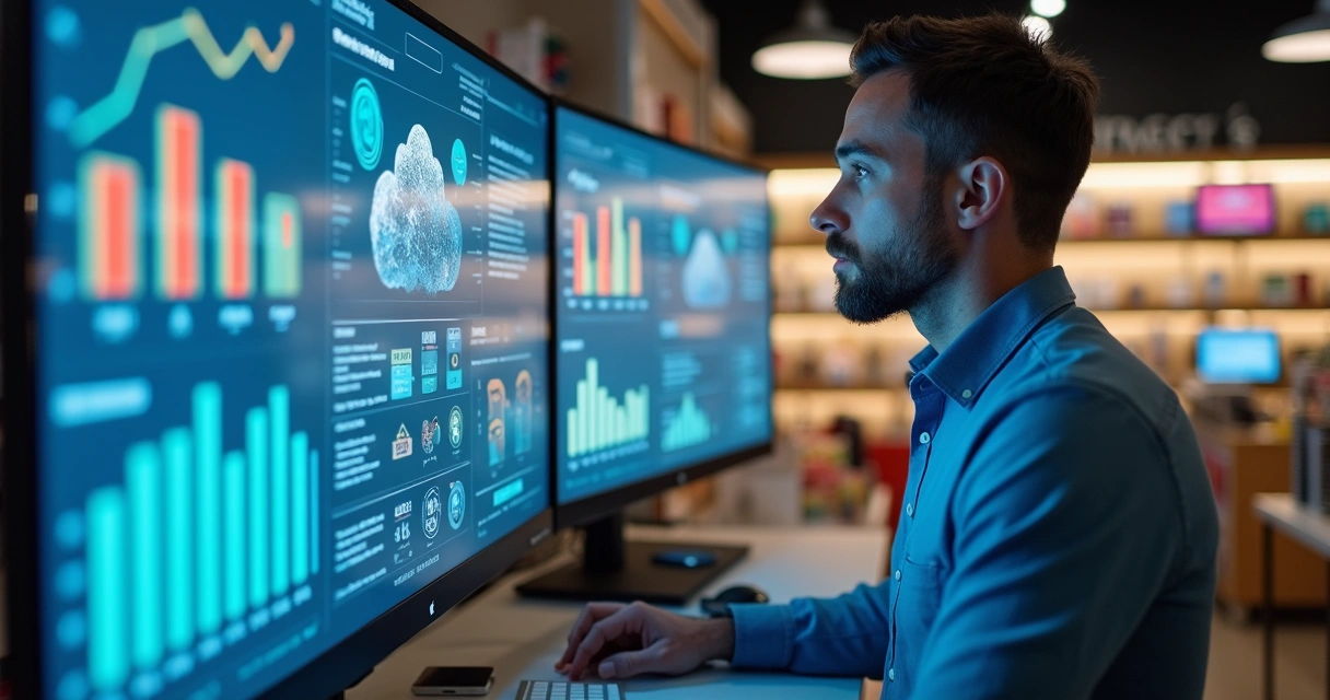 Gestor analisando gráficos de KPIs em múltiplas telas digitais na sala de uma loja de varejo 