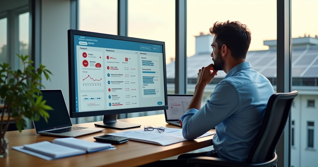 Gestor de energia solar analisando leads desqualificados em painel com gráficos 