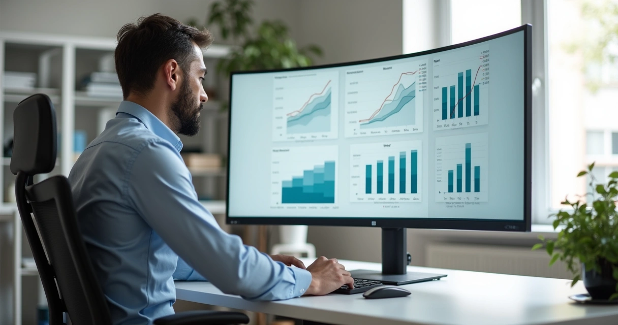 Gestor analisa gráficos e métricas de portfólio imobiliário corporativo na tela do computador