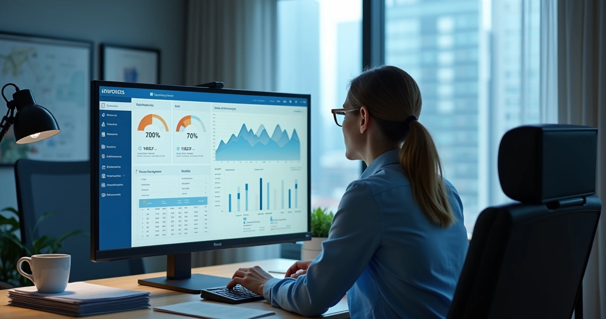 Gestor analisando notas fiscais em tela com relatórios e integração 
