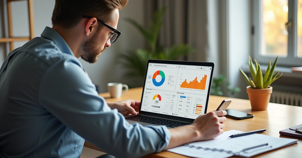 Gestor de PME analisando métricas de vídeos curtos em notebook 