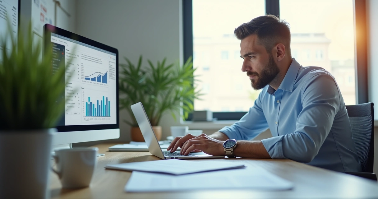 Gestor analisando relatório digital em laptop 