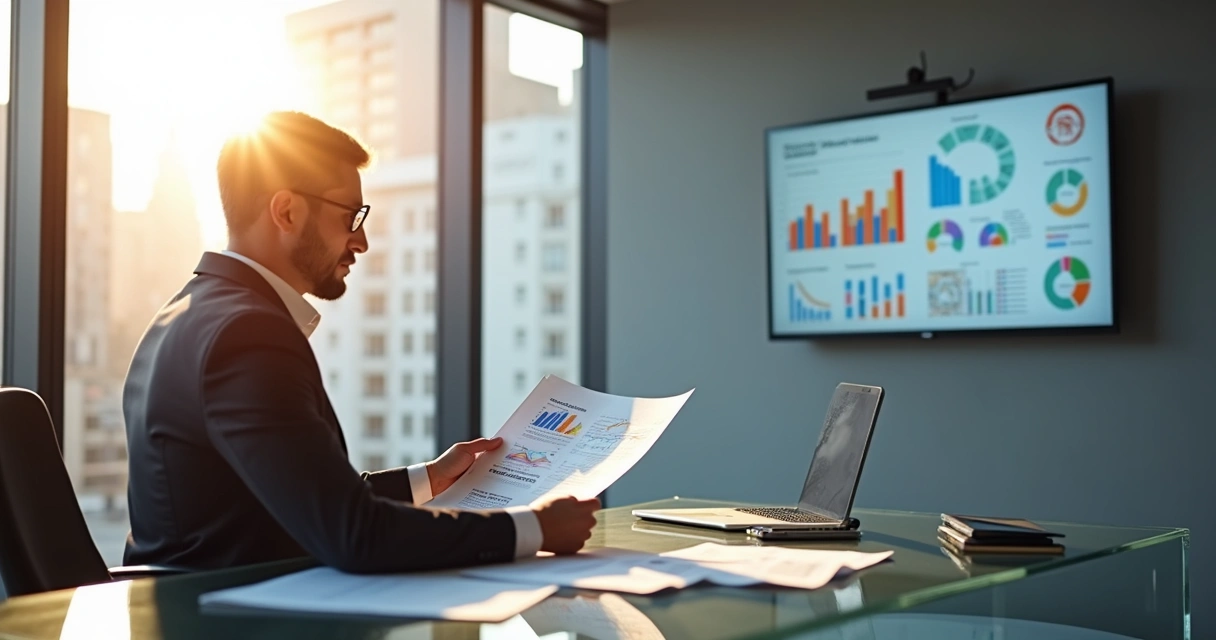 Gestor analisando relatório de marketing com gráficos detalhados 