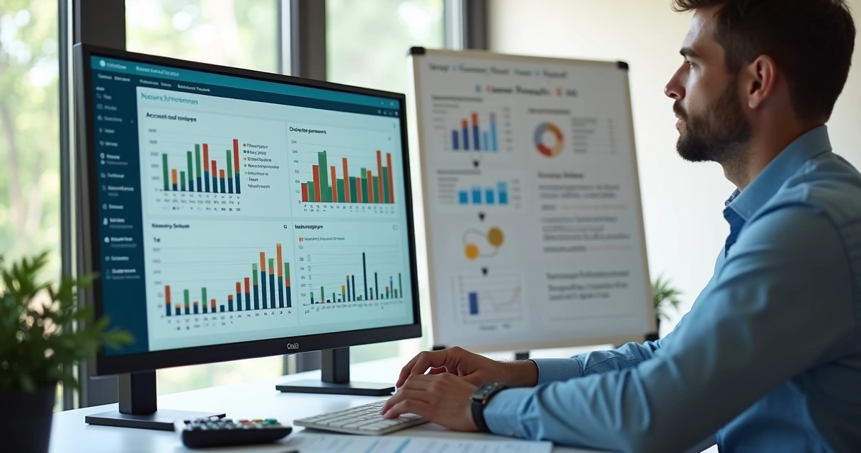 Gestor analisando relatórios financeiros em tela de computador com gráficos e dados detalhados 