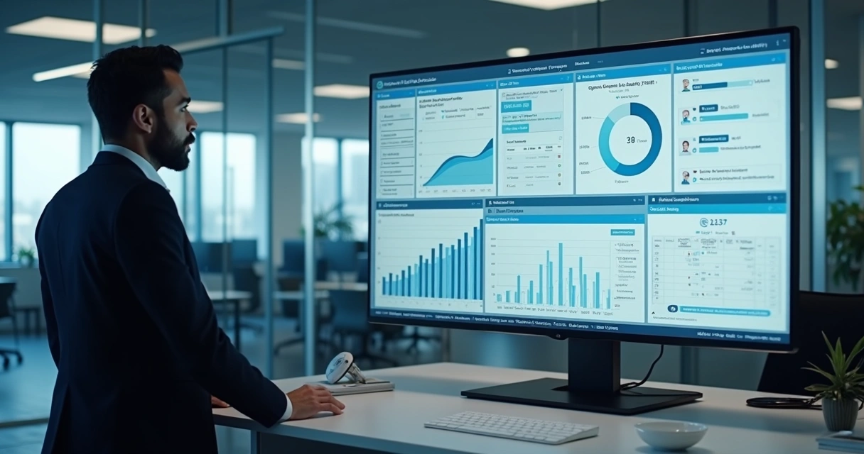 Gestor observando relatórios em painel administrativo no escritório