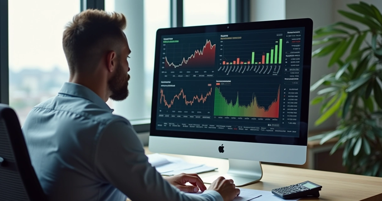 Gestor avaliando relatórios financeiros em tela ampla. 