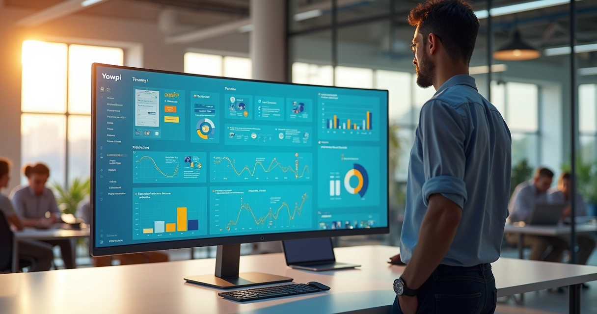 Gestor observa painel de sistema customizado com integrações entre setores 