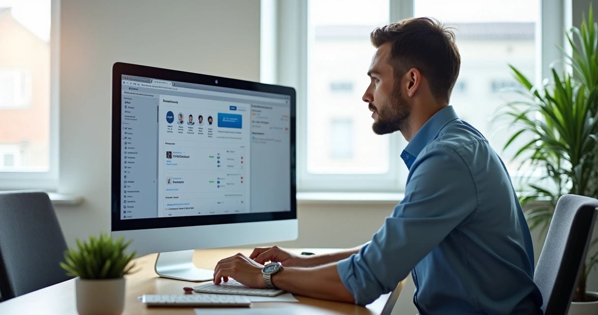 Gestor de RH analisando dados de treinamentos de trabalho em tela de computador 