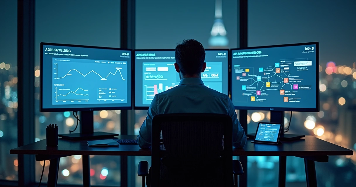 Gestor analisando dashboards de integrações fiscais em várias telas 