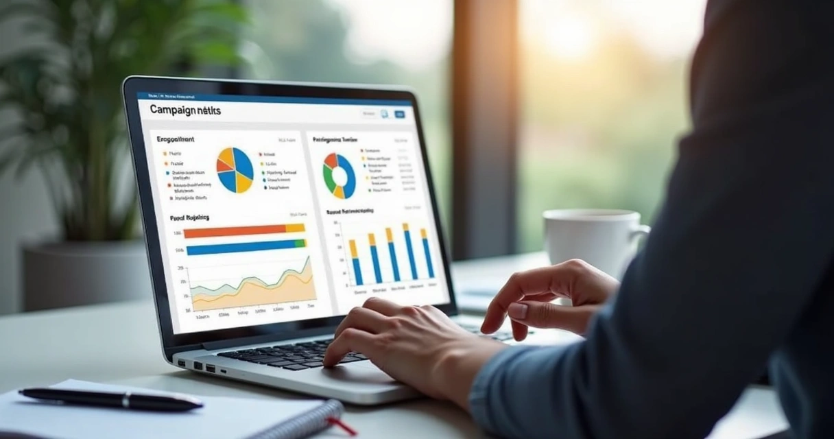 Gestor analisando indicadores de campanha no notebook 
