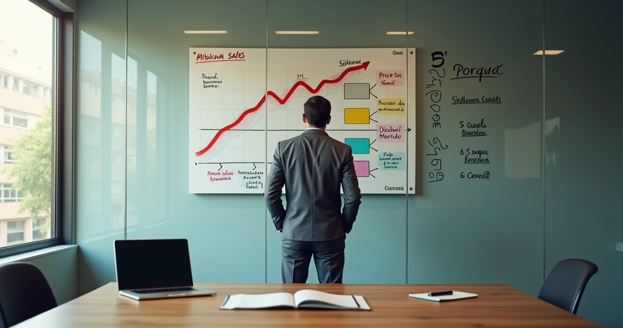 Gestor de pequena empresa analisando queda de vendas em parede com diagrama de causa raiz 