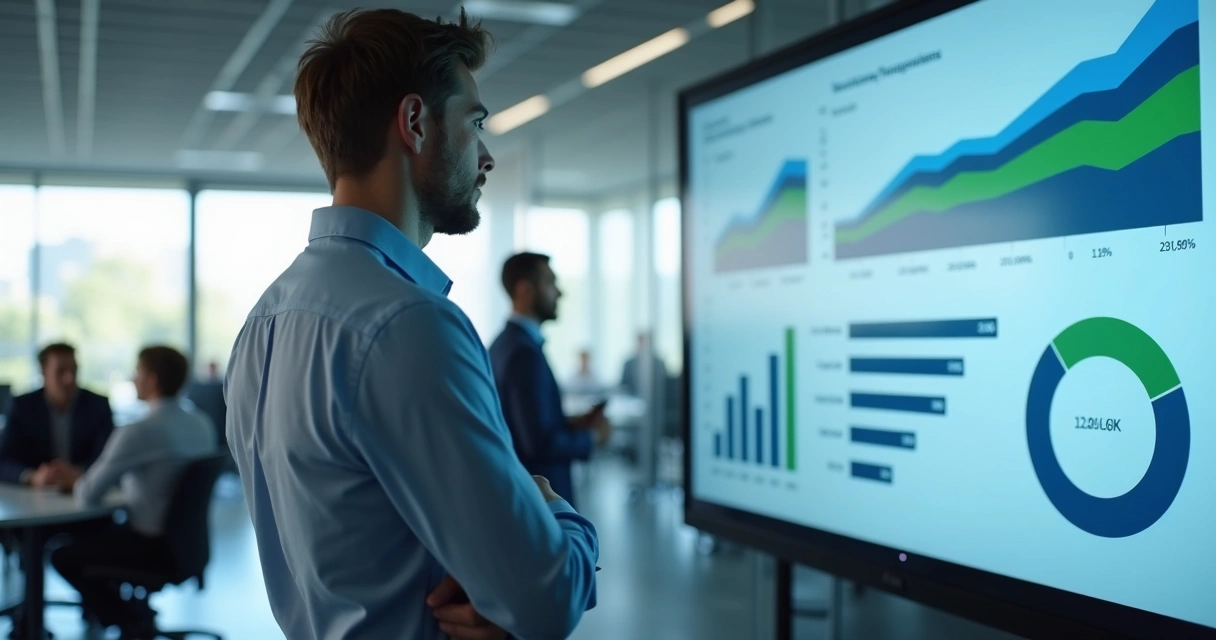 Manager analyzing commercial indicators on a screen with the team in the background