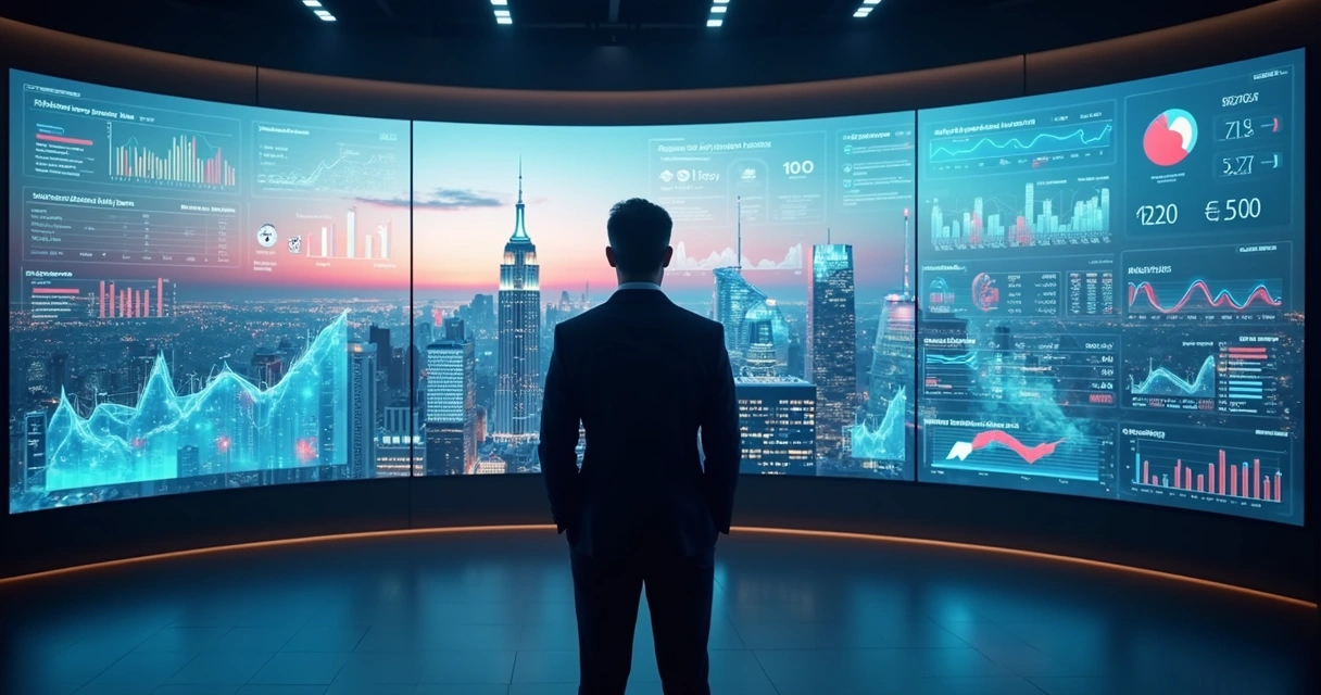 Gestor observando dashboards financeiros de múltiplas empresas em grande tela 