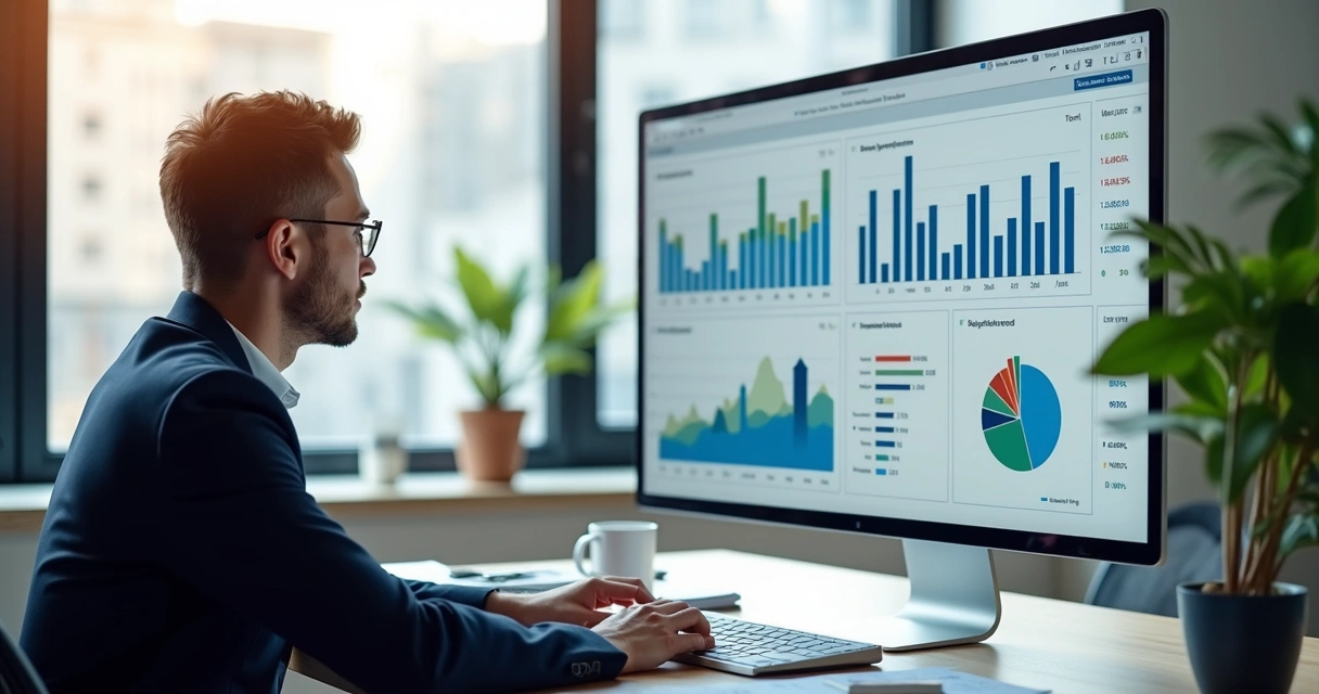 Gestor analisando dashboard financeiro personalizado em tela de computador 