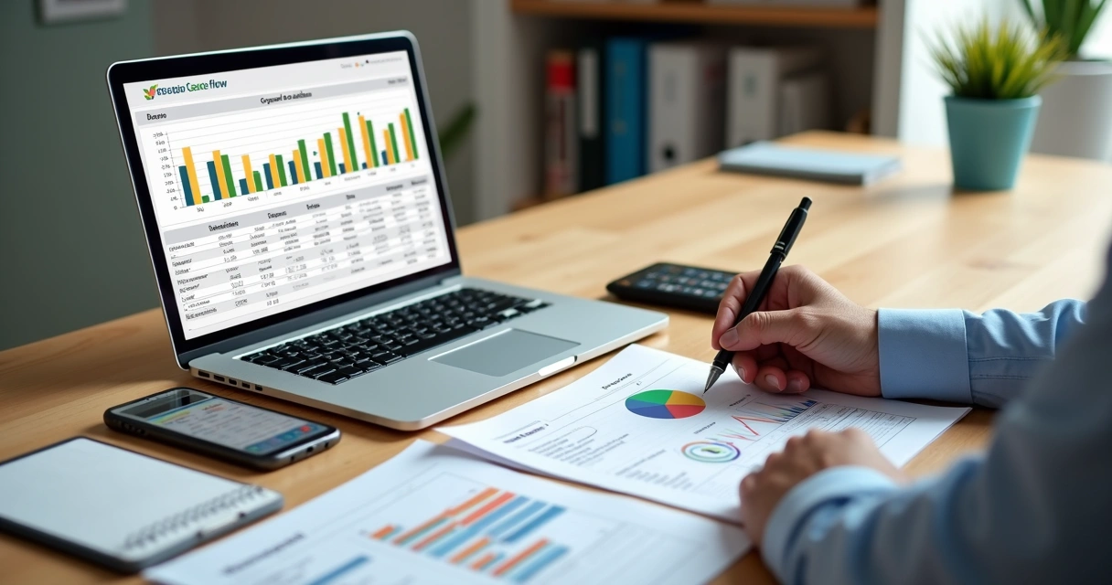 Gestor analisando fluxo de caixa em planilha com gráficos e relatório impresso 