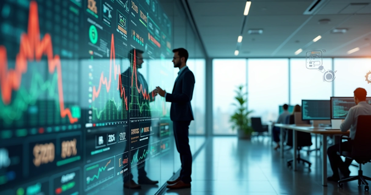 Gestor analisando painel de dados com ícones de automação e inteligência artificial 