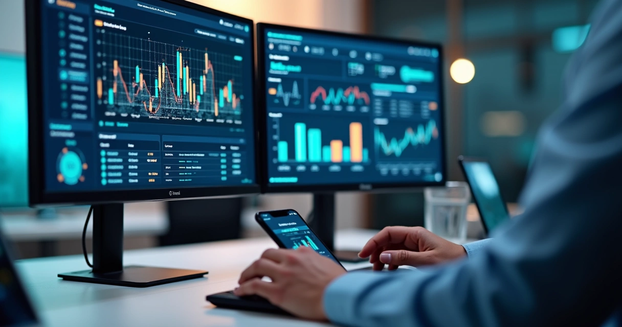 Pessoa analisando oportunidades de imóveis em leilão em dois monitores com gráficos e planilhas digitais 