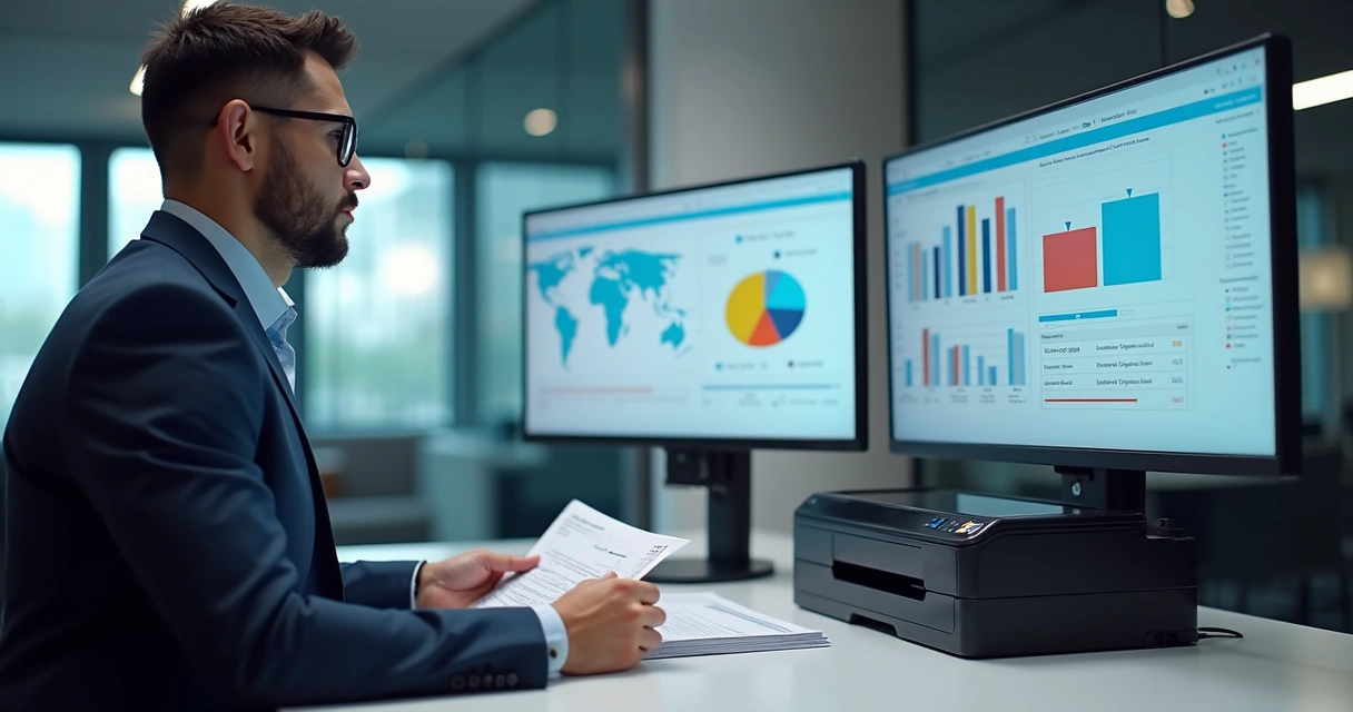 Gestor avaliando gráficos de impressões ao lado de impressora 