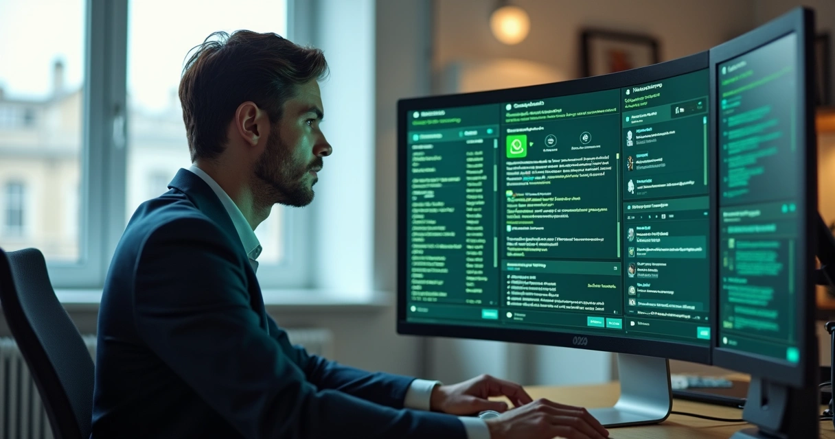 Gestor analisando mensagens para compliance em uma tela de computador 