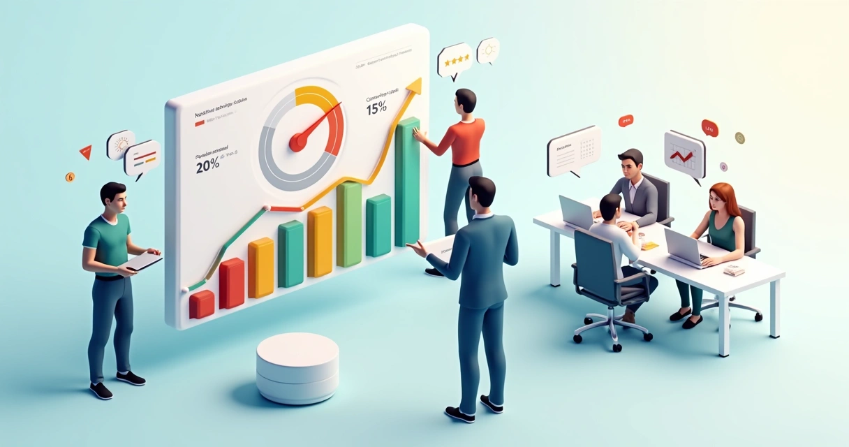 Gestor analisando painel de NPS com clientes satisfeitos ao redor 