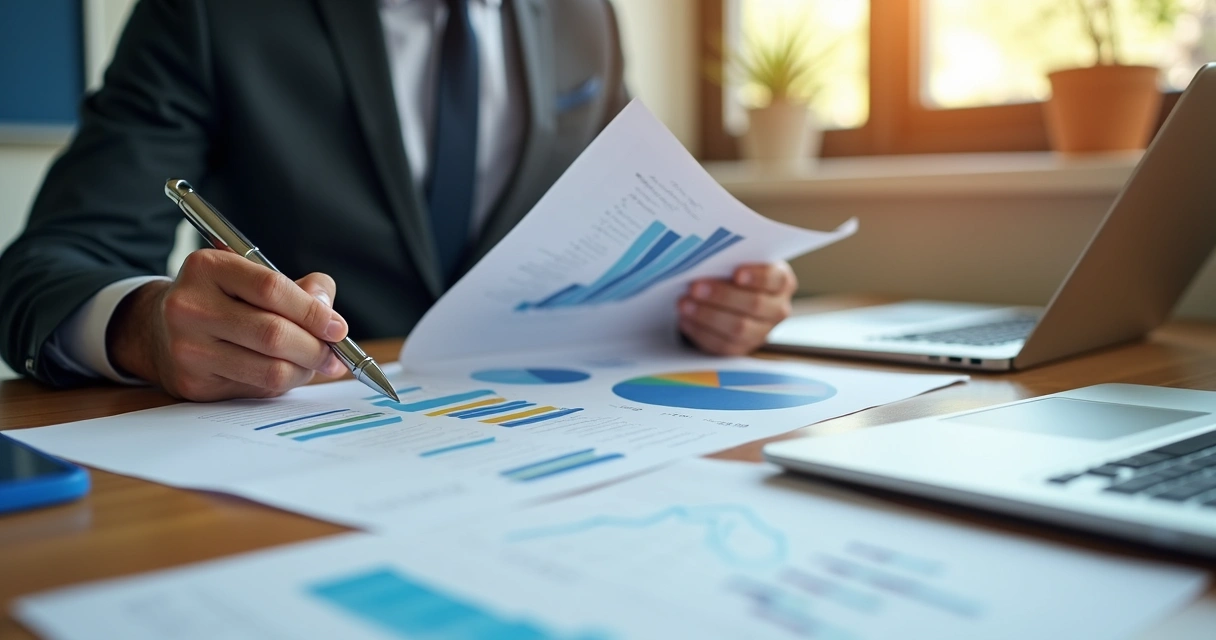 Gestor analisando relatório impresso com gráficos em papel 