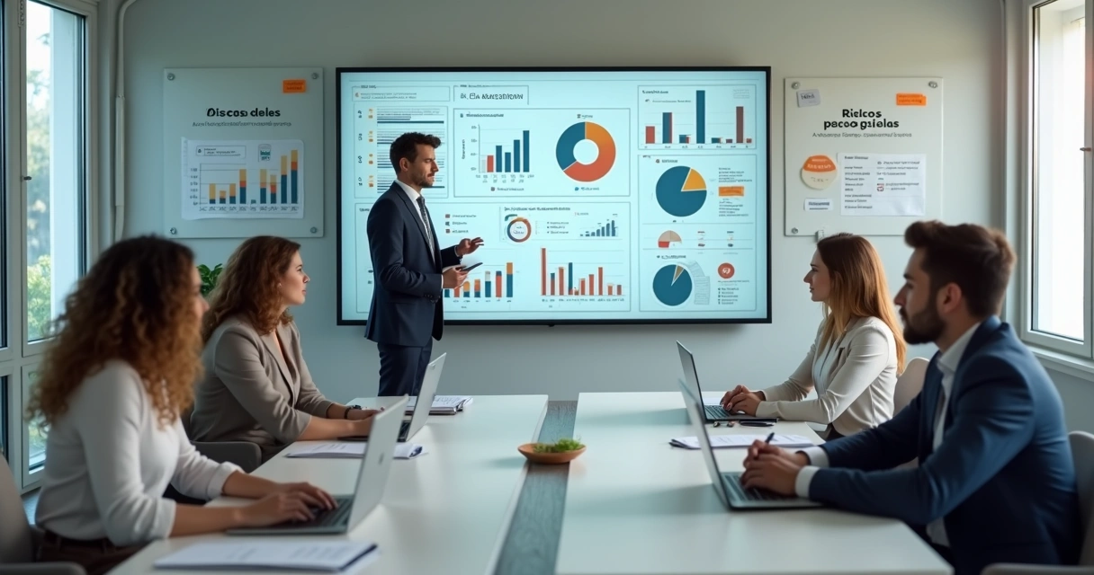 Gestor analisando riscos psicossociais no ambiente de trabalho com equipe em reunião 