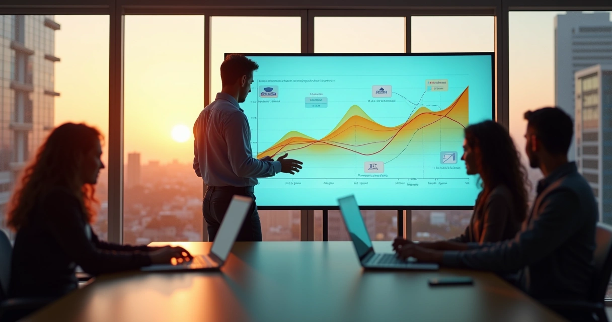 Gestor analisando gráfico de picos e vales de resultados em tela grande de escritório 