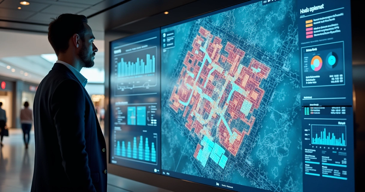 Gestor analisando dados de fluxo no shopping 
