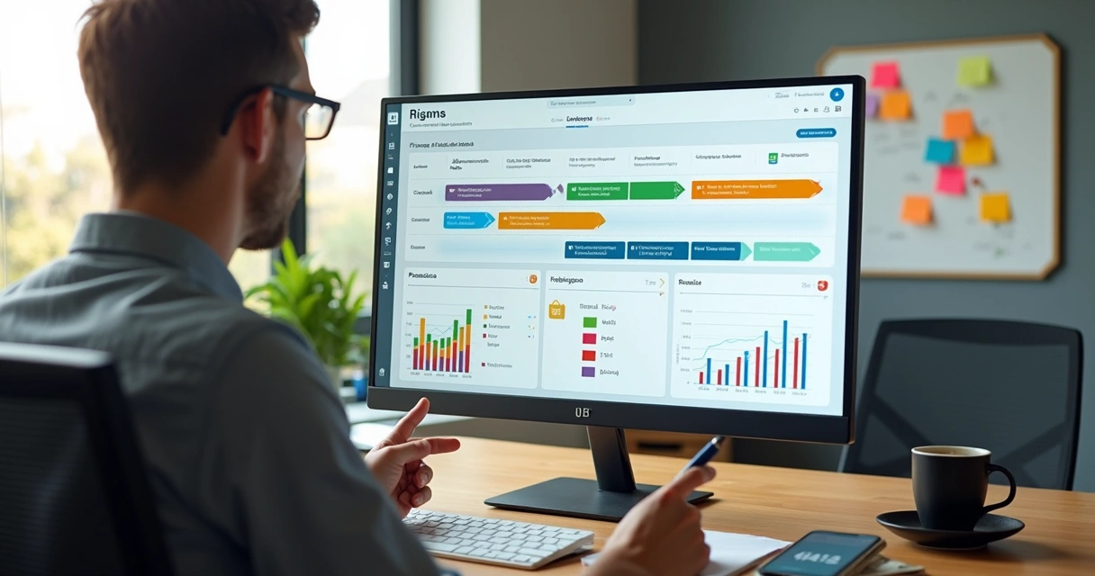 Gestor analisando pipeline de vendas colorido em tela de computador 