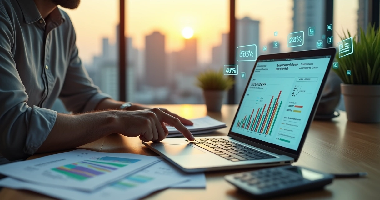 Gestor financeiro analisando antecipação de boletos em painel com gráficos e boletos destacados 